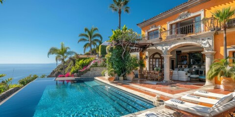 Fototapeta premium Oceanfront Oasis: Vintage Villa Providing Unforgettable Seaside Views and Relaxing Poolside Lounge