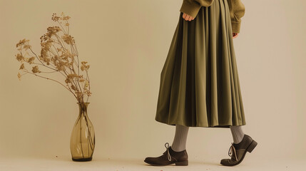 In this scene, a person is depicted standing with their coat open, revealing a long skirt and gray socks underneath. They are positioned next to an old vase filled with dried flowers. 