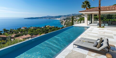 Obraz premium Oceanfront Oasis: Vintage Villa Providing Unforgettable Seaside Views and Relaxing Poolside Lounge