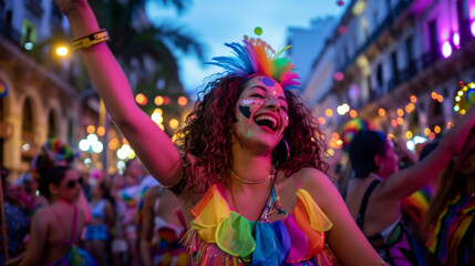 A vibrant Pride dance party in Buenos Aires, energetic dancers in bright costumes, historic plaza...