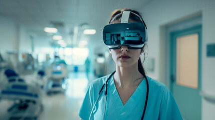 Female healthcare professional wearing a VR headset in a hospital corridor.