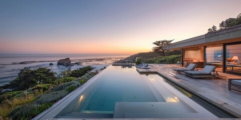Fototapeta premium Seascape Sanctuary: Vintage Villa Offering Tranquil Ocean Views and Serene Poolside Lounge