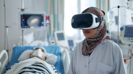 Healthcare professional in a hijab using a VR headset in a patient's hospital room.
