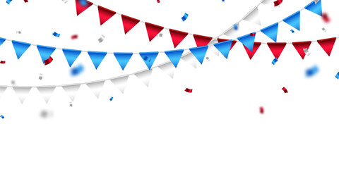 Celebration background with confetti red and blue with beautiful party flags Vector illustration