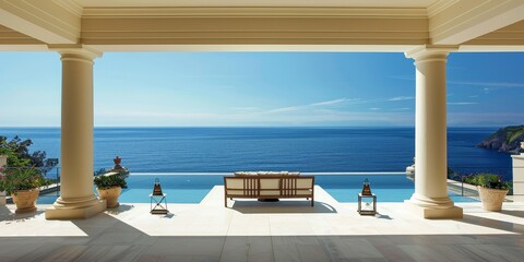 Fototapeta premium Seaside Splendor: Classic View from Grand Villa to Infinity Pool and Endless Ocean Horizon