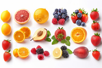 Various fruits displayed neatly on a white tabletop