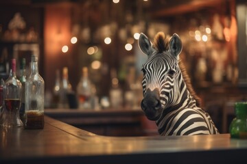 Obraz premium Drinking zebra with a glass of alcohol.