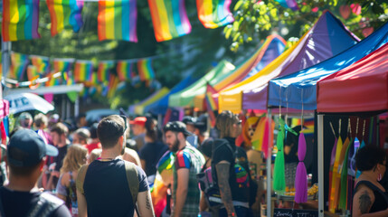 A bustling eco-market during Pride Month, stalls selling organic rainbow-themed foods and crafts,...