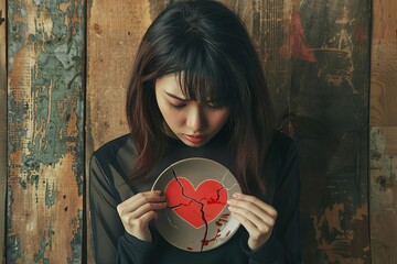 disappointed woman with giant broken heart on plate concept of toxic relationship and marital issues