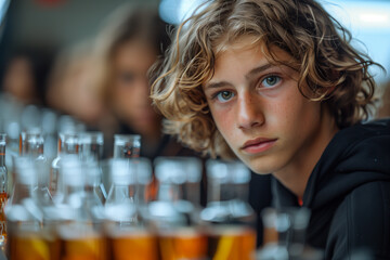 A young boy is seated in front of a row of glasses chemistry