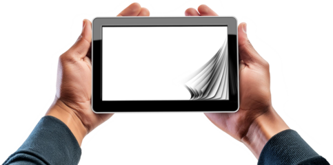Extreme close-up of two hands of a man, holding a black tablet computer with blank curled pages and copy space. Isolated on transparent or white background, png. Generative Ai.