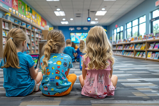 Children gathered on the library floor, engaged in reading and learning