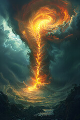 A tornadoes illustration painted in a stylized manner, featuring a swirling spiral in the sky