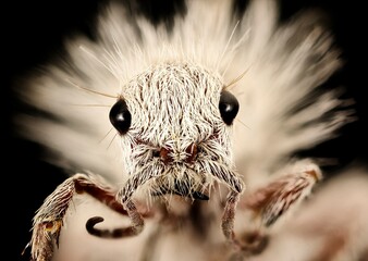 This close-up showcases a Dasymutilla gloriosa wasp, a tiny wasp with black and white stripes and...