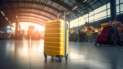 A vibrant yellow piece of luggage resting gracefully on a tiled floor, embodying the spirit of travel and adventure - obrazy, fototapety, plakaty