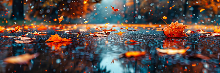 Rainy Day in the City, Water Droplets on a Car Window, Reflective Streets Glistening with Autumn Colors