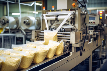 Bags of cheese elegantly gliding along a conveyor belt in a pasta factory
