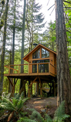 Beautiful outdoor wood tree house in the forest