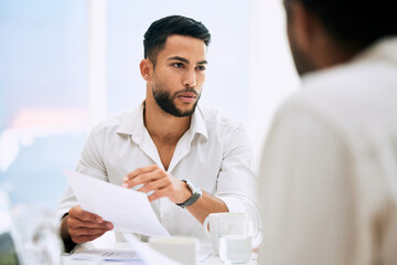 Team meeting, document and business man in discussion for brainstorming ideas, strategy and project...