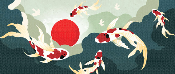 Luxury Chinese background vector. Chinese and Japanese wallpaper pattern design of elegant koi fish crap with watercolor texture. Design illustration for decoration, wall decor, banner, website, ads.