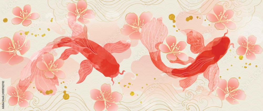 Wall mural luxury chinese background vector. chinese and japanese wallpaper pattern design of elegant koi fish  - Wall murals