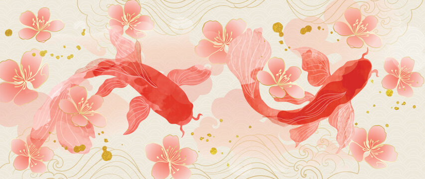 Luxury Chinese background vector. Chinese and Japanese wallpaper pattern design of elegant koi fish with watercolor texture. Design illustration for decoration, wall decor, banner, website, ads.