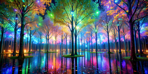 A forest where the trees are made of shimmering light and energy, with holographic leaves that change color with each passing moment, creating a kaleidoscopic display of beauty and motion
