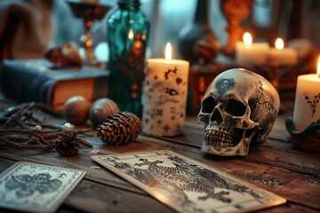 Skull on Table Beside Candles