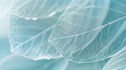 Delicate Skeleton Leaves Close-up, Soft Blue and Light Green Tones, Natural Texture in High Definition, Static Composition with Blurred Foreground