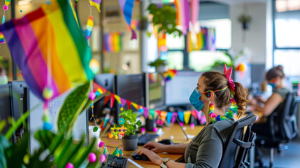 An office setting celebrating Pride Month with eco-friendly decorations, desks adorned with small rainbow flags made from recycled materials, employees wearing Pride-themed reusable face masks, light-