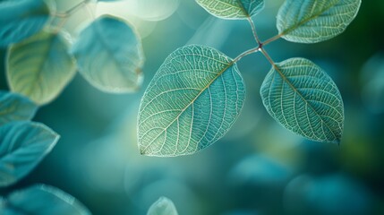 Delicate Skeleton Leaves Close-up, Soft Blue and Light Green Tones, Natural Texture in High Definition, Static Composition with Blurred Foreground