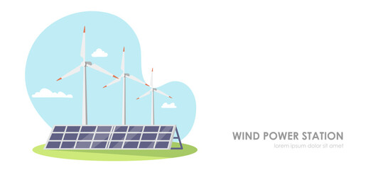 Vector illustration of a wind power station with wind turbines and solar panels, on a light blue background, concept of renewable energy. Vector illustration