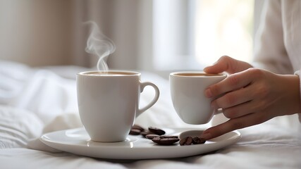 a close-up of a woman's hand gently holding a cup of just brewed morning coffee against a background of peaceful, white, soft, and clean bed linens