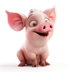 Funny 3D cartoon pig close-up, isolated on a white background. Print for clothing, printing on fabric, paper. Figurine for a piggy bank.