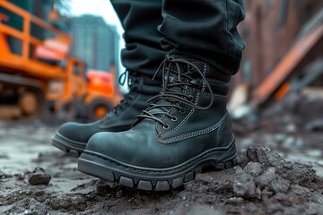 Construction Worker Wearing Black Safety Shoes