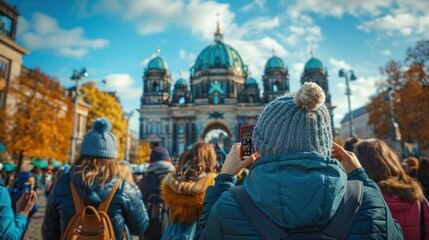 Shot from behind of a group of women tourists taking photos of Berlin Cathedral with their mobile phones. Female travellers photographing Berlin Cathedral with their smart phones.