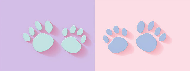 
This illustration features a pastel pink background adorned with two simple line drawings of dog paw prints. The paw print on the left is stylized with purple and blue colors and has an extra thick 