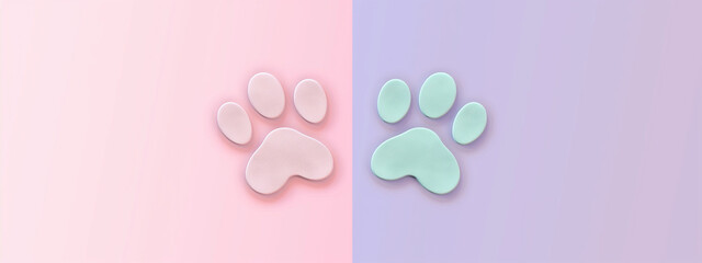 This illustration depicts two dog paw prints in a simple flat style. One paw print is colored pink, while the other is blue, creating a charming contrast. The outline of the paw prints forms a cute 
