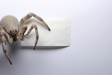 Large gray spider next to a blank white rectangular sheet of paper on a white surface