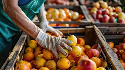 Female hand in gloves work sorting fruit