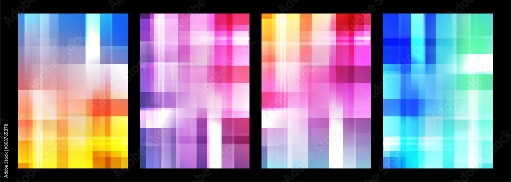 Poster Defocused bright colored abstract backgrounds with vertical and horizontal dynamic lines. Futuristic blurred vibrant color gradients for creative graphic design. Vector illustration.