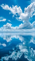 Beautiful sky with blue color and white clouds, mirror reflection on water surface
