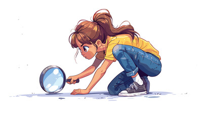vector drawing of a girl with a magnifying glass on a white background. Generative AI
