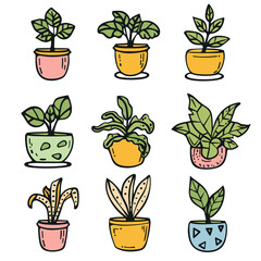 Set handdrawn potted plants, colorful pots various leafy indoor plants. Simple line art style plant illustration, cartoon indoor garden, houseplants collection, colorful pottery