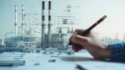 mans hand draws a design of factory combined with photo of modern industrial power plant
