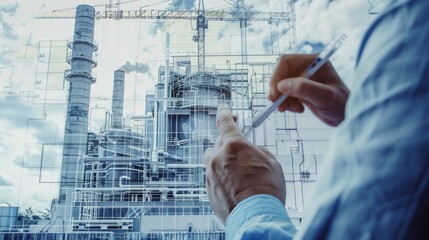 mans hand draws a design of factory combined with photo of modern industrial power plant