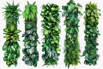 Set of cut-out tropical plant walls for a green garden. Generative Ai