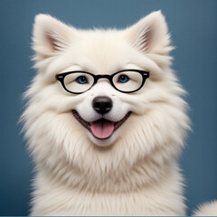 Samoyed dog wear glasses on blue background.