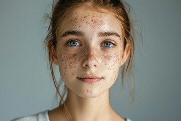 Closeup portrait of a 15yearold girl with natural acne, showcasing her calm expression and the texture of her skin against a soft gray background