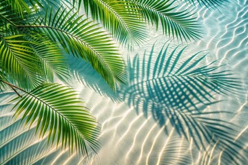 Fototapeta na wymiar The concept of a summer vacation on the beach. View of tropical leaves on the surface of the water. The shade of palm leaves on the white sand beach. Beautiful abstract background for the banner.
